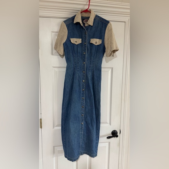 VTG y2k Paris Blues Denim Maxi Shirt Dress Med Wash Sz 7 Short Sleeve Linen 90s - Picture 2 of 10